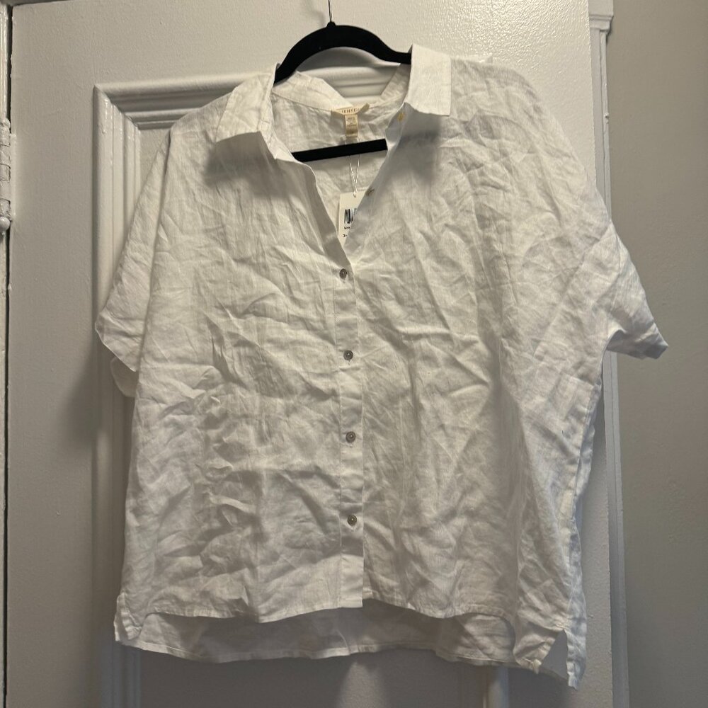 Eileen Fisher white linen short sleeve button down NWT Size L